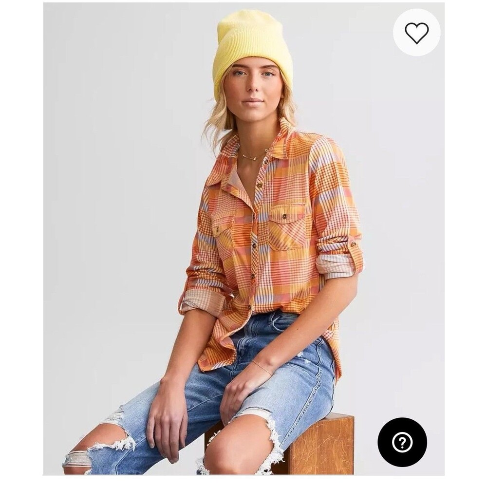 Modish Rebel Women Size  Medium Orange Pink Plaid Button-Up Shirt